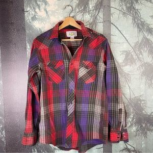 Vintage Alaska 1959 Wilderness Flannel Size M Pearl Snap purple red gray